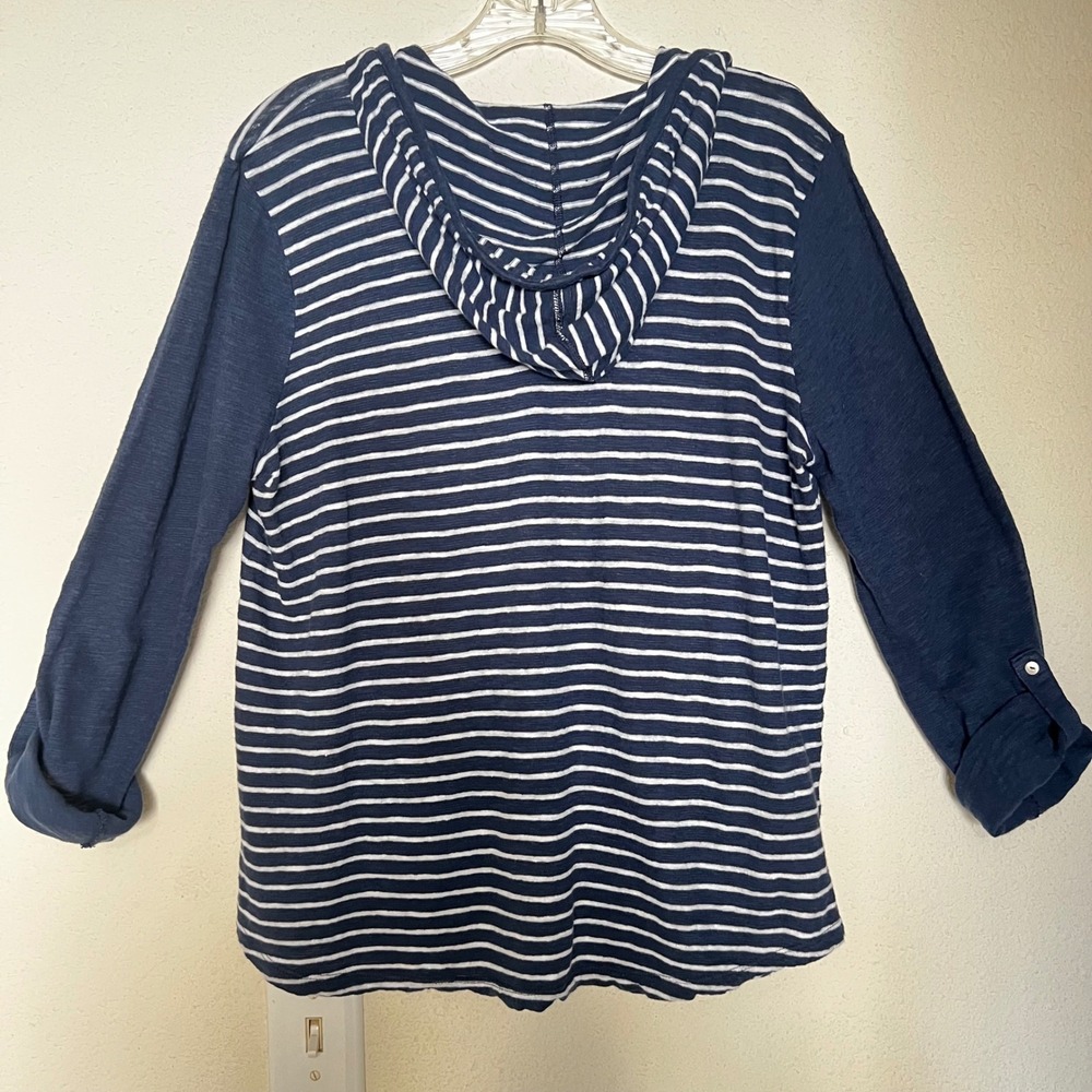 J. Jill Striped Linen Cotton Henley Hoodie Navy White Roll Tab Sleeve Small - Picture 4 of 14